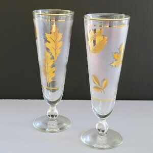MCM Libbey Golden Foliage Pilsner Beer Glass Set of 2 Gold Leaves  Frosted Glass
